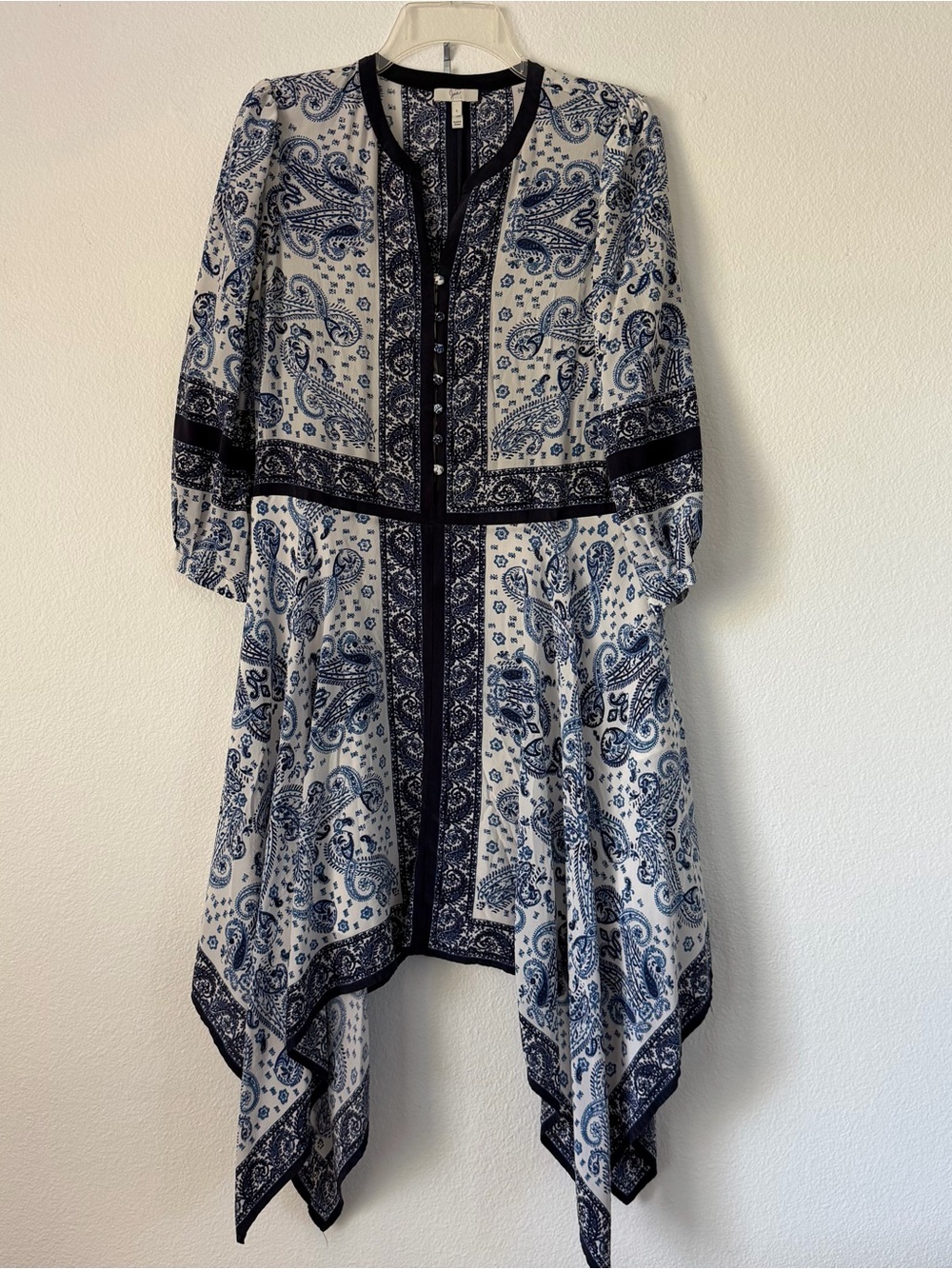 Joie Silk Blue White Paisley Midi Dress Boho Luxe Handkerchief Hem Size Small